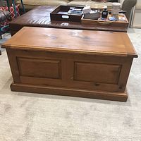Front view of a rectangular vintage pine wooden chest with paneled sides and base molding, showing wear and scratches on surface.