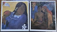 Two framed prints of Gauguin paintings placed side by side, showing the vivid colors and details of the subjects