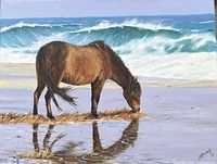 Photo of original oil painting of a brown horse drinking from the shoreline with ocean waves in background, signed by Sally A. Horsnell.