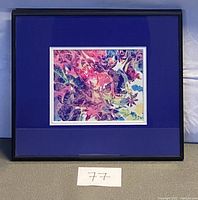 Framed ink on paper artwork showing colorful abstract floral design titled 'Evening Primrose'.
