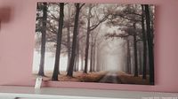 Full front view of the canvas print showing the entire forest path scene with trees and pathway under soft lighting.