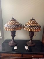 Pair of stained glass table lamps on a dark wooden surface, showing full height and shape.