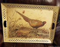 Rectangular metal tray showing detailed overall pheasant painting on tray surface with lattice cut-out edges and handles