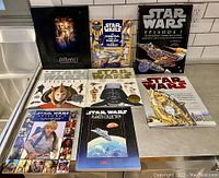 Overview of nine Star Wars Episode 1 reference books and RPG manual, shown spread on a table.