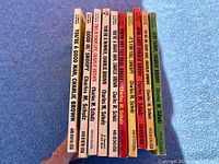 Side view of the 10 vintage Peanuts paperbacks showing varied colorful spines with titles related to Charlie Brown and Snoopy.