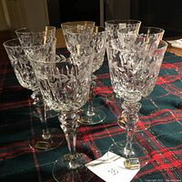 Group of eight vintage Lausitzer lead crystal stem glasses with etched floral and laurel patterns shown on a plaid cloth.
