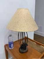 Image of lamp from side showing full lamp and shade on wood surface next to water bottle for scale