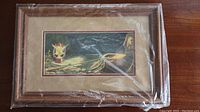 Framed picture in wooden frame wrapped in plastic showing fishing scene.