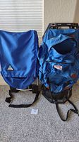 Both blue frame backpacks placed side by side showing the fabric coverings and structural frames visible from the back.
