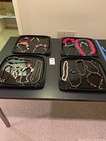Overall view of four trays displaying a variety of costume jewelry necklaces of different colors, styles, and sizes arranged on black trays on a table.