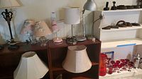 Six lamps on wooden shelves including brass-colored lamp with floral shade, pink lamp, silver metal adjustable desk lamp, and two separate cream-colored lampshades