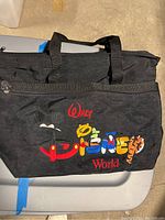 Front side of the black nylon Disney bag showing colorful embroidered Walt Disney World text.