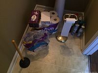 View of lot showing metal toilet paper holder, rolls of Viva paper towels, box of Kleenex tissues, black plunger, and cleaning supplies bottles arranged on floor