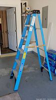 Side-angle view of the blue aluminum Werner ladder showing structure and safety labels.