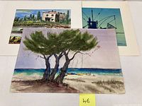 Three watercolor paintings arranged with the beachscape with trees in front, showing color, style and scale.