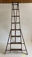 Full front view of antique wooden orchard ladder