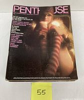 Single Penthouse magazine July 1975 cover showing model wearing striped hosiery seated against a dark backdrop