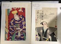 Two original Kabuki woodblock prints mounted on backing paper showing the full artwork and the certification labels attached for provenance.