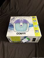 Front view of boxed Conair Body Benefits Foot Spa Soaker
