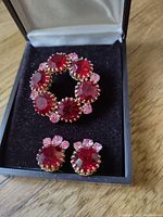 Brooch and earrings displayed in a black jewelry box showing the front of each piece.