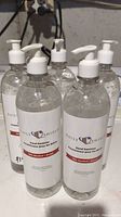 Photo showing 5 clear plastic pump bottles of Daily Shield hand sanitizer with white labels and red accents.