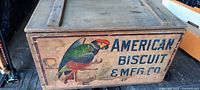 Wooden box with early 20th-century paper label featuring a colorful parrot and blue text 'AMERICAN BISCUIT & MFG CO.' on the side.