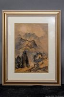 Full view of framed watercolor mountain landscape painting signed by Alb Matzdorf.
