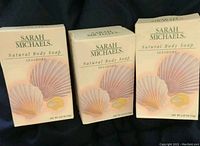 Three boxed bars of Sarah Michaels Natural Body Soap Seashore scent, showing front packaging with seashell artwork.