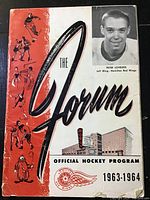 Front cover of the 1963-1964 Hamilton Red Wings hockey program titled 'The Forum' featuring player Peter Loveless and hockey illustrations.
