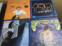 Seven 12-inch vinyl records arranged showing front covers, featuring diverse pop and rock artists.