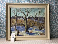 Framed whimsical winter scene oil painting with bare trees and snow in landscape format.