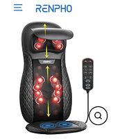 Renpho back massager with multiple massage nodes glowing red, quilted surface, adjustable headrest and remote control attached.