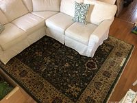 Top angle showing the entire green and taupe plush area rug under a white sectional sofa, highlighting the decorative pattern and border.