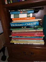 Books stacked on a bookshelf, titles visible including 'The Far Side Gallery 3', 'Macmillan Dictionary for Children', 'Haunted House', and 'The Real Mother Goose'.