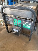 Front view of generator control panel and outlet configuration, model label visible