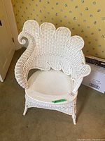 White wicker or rattan style chair with distinctive fan-shaped backrest and curved armrests viewed from front.