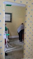 Photo showing full length framed mirror mounted against a yellow floral wallpapered wall with some reflections visible.
