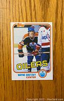 Front view of the 1981-82 Topps Wayne Gretzky hockey card showing the player in Edmonton Oilers uniform.