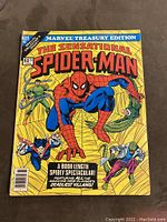 Front cover of the comic book showing Spider-Man and villains with title and details.