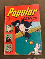Front cover of Popular Comics #124 showing a black cat playing pool and smaller character images.