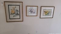 Three framed rose motif prints hung on a wall showing size relation and overall appearance.