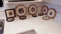 Photo showing all ten framed needlepoint pictures arranged on a countertop, featuring a mix of octagonal and oval frames. Designs include flowers and birds, largest frame is 11x11 inches octagonal.