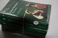 Stack of six green hardcover transcript books from The Great Courses, including Museum Masterpieces series following museums: The Louvre, The National Gallery London, The Metropolitan Museum of Art, and 30 Masterpieces of the Ancient World. Some sealed in original plastic, others not.