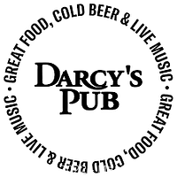 Circular Darcy's Pub logo featuring text about great food, cold beer, and live music, representing the brand for the gift certificates.