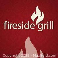 Photo of the Fireside Grill logo on a $50 gift certificate with stylized flames in white on a burgundy background.