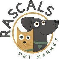 Image shows the Rascals Pet Market logo featuring a cartoon dog and cat inside a circular design with the store name around it.