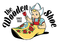 Logo image of The Wooden Shoe showing a cartoon girl in Dutch costume holding a red tulip with floral decorations and the store's name.