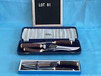 Both cutlery sets displayed with boxes and cases, showing stag-handled knives and forks