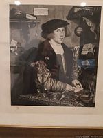 Framed black and white etching showing a man in Renaissance costume, signed by Otto Rein.