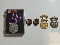 Photo of all five items including Distinguished Service medal in case, two LS pins, and two National Rifle Association Junior Division medals.
